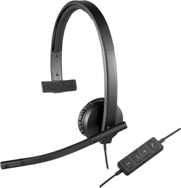 Logitech H570e Wired Headset, Mono Headphones with Noise-Cancelling Microphone, USB, In-Line Controls with Mute Button, Indicator LED, PC/Mac/Laptop - Black