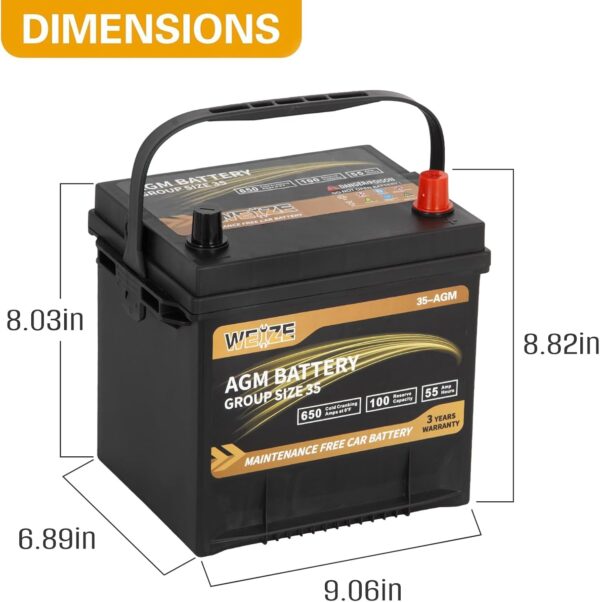 Weize Platinum AGM Battery BCI Group 35 Automotive Battery, 100RC, 650CCA, 36 Months Warranty - Image 2