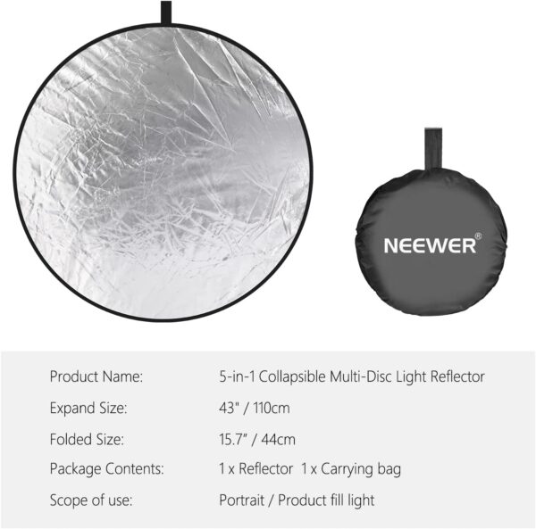 NEEWER 43 Inch/110 Centimeter Light Reflector Diffuser 5 in 1 Collapsible Multi Disc with Bag - Translucent, Silver, Gold, White, and Black for Studio Photography Lighting Outdoor - Image 8