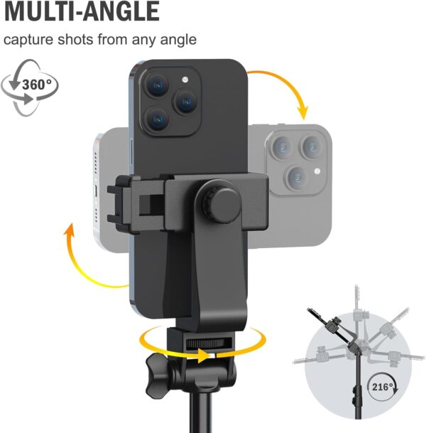 64” Tripod for Cell Phone & Camera, Phone Tripod with Remote and Phone Holder, Sturdy & Stable Height Adjustable Multi-Angle Shot Selfie Stick Tripod for Video Recording - Image 3