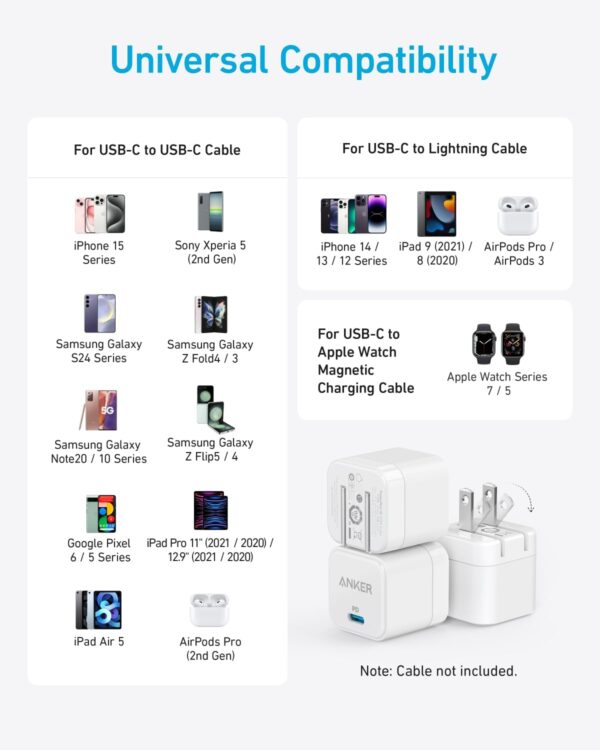Anker USB C Charger with Foldable Plug, 20W USB C Charger Block for iPhone 16 / 15 and More Series, Galaxy, Pixel, iPad (Cable Not Included, 2 Pack) - Image 6