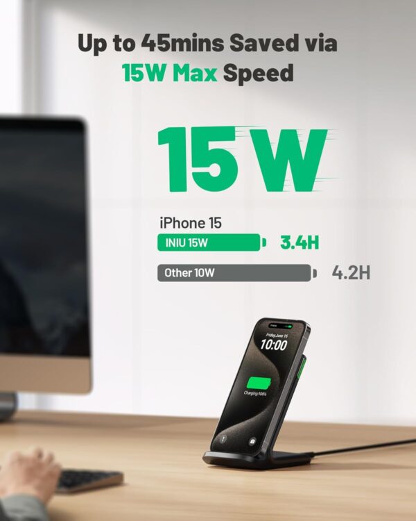 INIU Wireless Charger Stand, 15W Fast Wireless Charging Station with Sleep-Friendly Adaptive Light Compatible with iPhone 14 13 12 Pro XR XS 8 Plus Samsung Galaxy S23 S22 S21 S20 Note 20 10 Google LG - Image 2