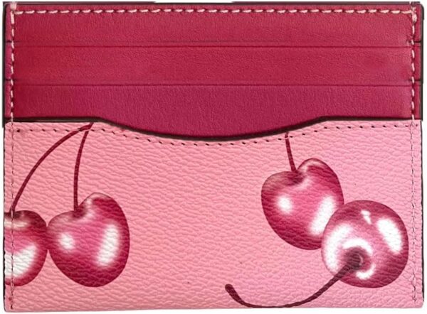 Slim Card Case for Women Leather Credit Card Holder With Cherry Print (Red)