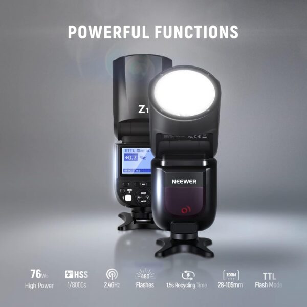 NEEWER Z1-C TTL Round Head Flash Speedlite for Canon DSLR Cameras, 76Ws 2.4G 1/8000s HSS Speedlight, 10 Levels LED Modeling Lamp, 2600mAh Lithium Battery, 480 Full Power Shots, Recycle in 1.5s Flash - Image 2
