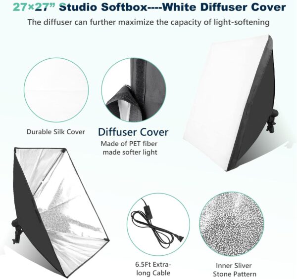 Torjim Softbox Photography Lighting Kit, 2Pcs 27" x 27" Professional Soft Box | 3000K-7500K 85W LED Bulbs with Remote, Photography Continuous Lighting Kit for Studio Lights, Portrait, Video Recording - Image 5
