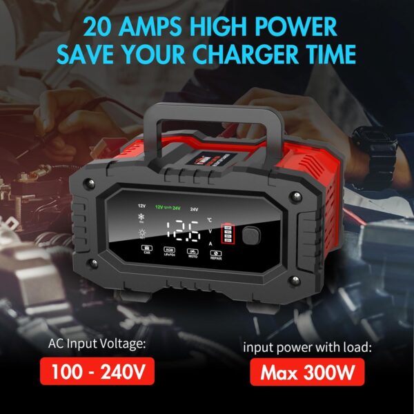 YONHAN Battery Charger 0-20A 12V/24V LiFePO4 Lead Acid Fully Automatic Battery Maintainer, Car Battery Trickle Charger Automotive w/Battery Repair, Winter Mode, for AGM, STD, Gel, Deep Cycle Batteries - Image 3