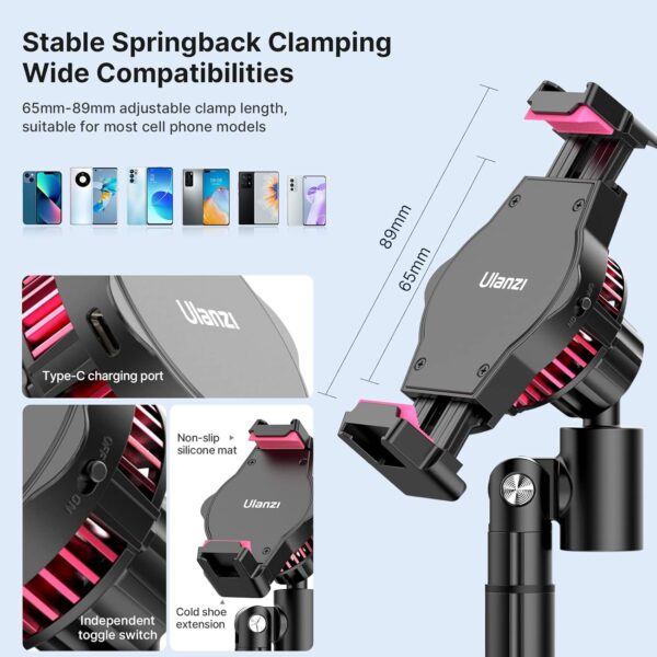 ULANZI SK-06 Cell Phone Stand with Phone Cooler, Desktop Phone Live Streaming Solution with Phone Cooling Fan, Height Adjustable Phone Cooler Stand Compatible with All Mobile Phones, iPhone & Android - Image 5