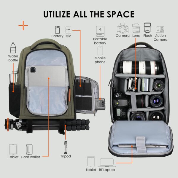 TARION Camera Backpack Waterproof Camera Bag Large Capacity Camera Case with 15 Inch Laptop Compartment Rain Cover for Women Men Photographer Lens Tripod Green - Image 2