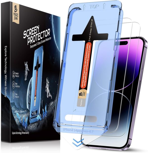 "Ultimate Protection Duo: MAGIC JOHN Tempered Glass Screen Protectors for iPhone 14 Pro Max - Effortless, Bubble-Free Installation with Dynamic Island Compatibility!"