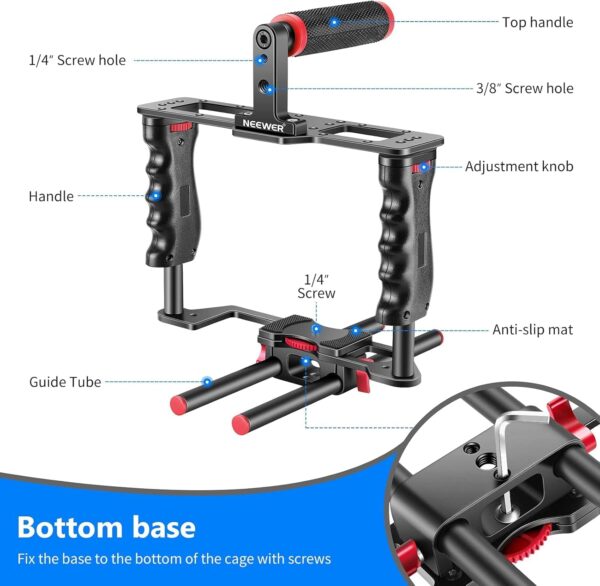 NEEWER Camera Video Cage Film Movie Making Kit, Aluminum Alloy with Top Handle, Dual Hand Grip, Two 15mm Rods, Compatible with Canon Sony Fujifilm Nikon DSLR Camera and Camcorder (Black + Red) - Image 3