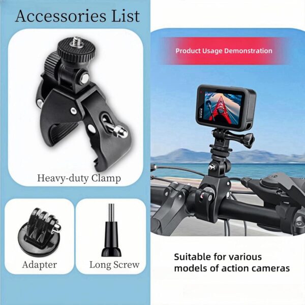 Versatile Action Camera Mount: Ultimate Handlebar Clamp for Insta360, GoPro, AKASO, DJI Osmo & More! - Image 2