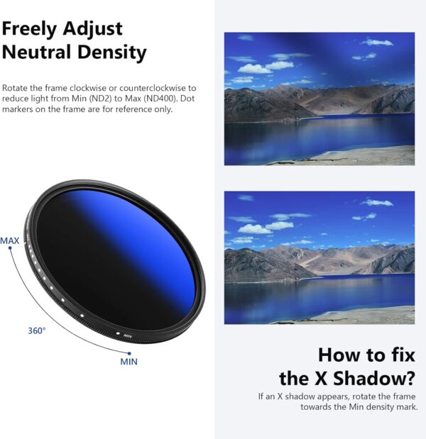 NEEWER 77mm Variable ND Filter ND2-ND400 (1-9 Stops), Neutral Density Filter, Multiple Coatings, Water and Scratch Resistant - Image 7