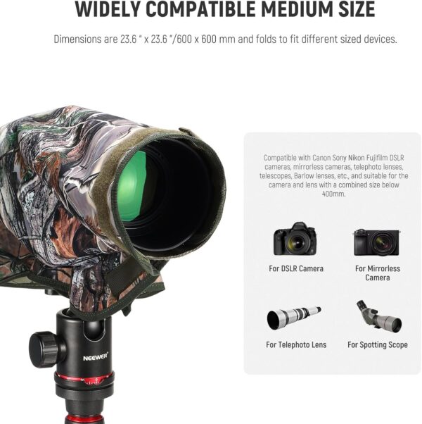 NEEWER Camera Rain Cover, M Medium Size Waterproof Raincoat Cover Sleeve for Canon Sony Nikon Fujifilm DSLR Camera & Lenses up to 200mm, Dual Sided Camouflage Green Camo Nylon, PB021 - Image 2