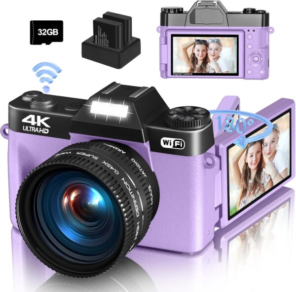 Capture Life in Vivid Detail: 56MP 4K Vlogging Camera with WiFi, 180° Flip Screen & Dual Lens Kit in Stylish Purple!