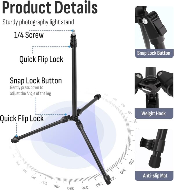 6.4ft Photography Light Stand, Lusweimi Extendable Aluminum Light Tripod, Portable Studio Lighting Tripod with 1/4'' Screw and Folding Legs for Strobe Light, Monolight, Softbox, Cameras, Flash Light - Image 5