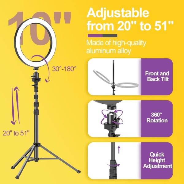 EMART 10" Ring Light with 55" Extendable Tripod Stands and Phone Holder, Dimmable LED Circle Round Light for Selfie Camera Photography/Makeup/YouTube Video/Vlogging/Live Streaming - Image 3