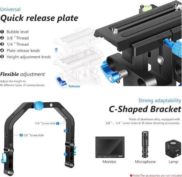 Neewer Shoulder Rig Kit for DSLR Cameras and Camcorders, Movie Video Film Making System with Matte Box, Follow Focus, C-Shaped Bracket, 15mm Rods, Handgrip, 1/4” & 3/8” Threads (Blue + Black) - Image 4