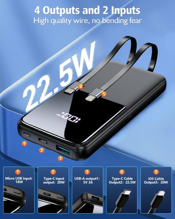 Portable Charger Power Bank - 15000mAh Fast Charging Powerbank Battery Pack with Built in USB-C(22.5W) and iOS(20W) Output Cable Compatible with iPhone Android Samsung etc (1 Pack, Black) - Image 2