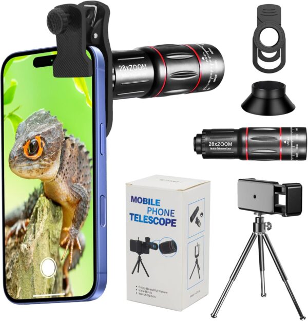 "Ultimate 28X Telephoto Lens Kit for iPhones: Elevate Your Smartphone Photography with E-Clip and Tripod!"