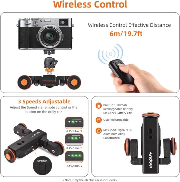 Andoer Camera Dolly with Phone Holder, Scale Indication, 3 Speeds Motorized Dolly Car with Remote Control - Compatible with iPhone, DSLR, Camcorder, Gopro, Insta, Android Smartphone - Image 4