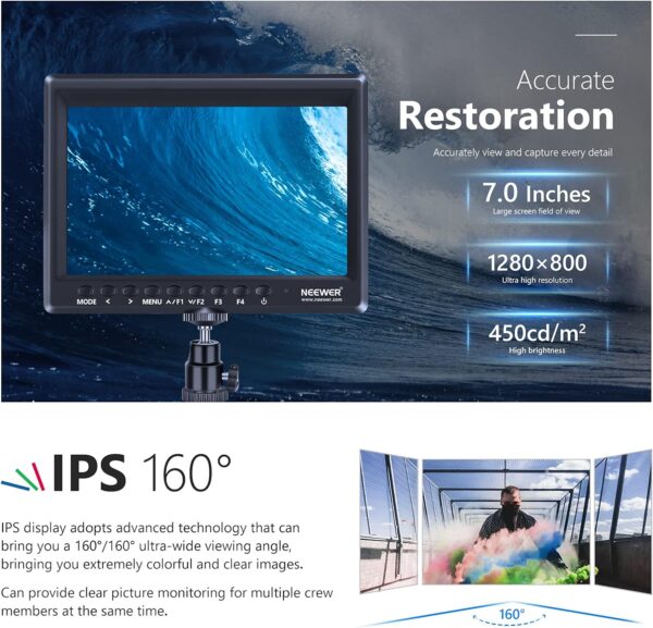 Neewer F100 7inch Camera Field Monitor HD Video Assist IPS 1280x800 HDMI Input 1080p with Sunshade and Ball Head for DSLR Cameras, Handheld Stabilizer, Film Video Making Rig (Battery Not Included) - Image 3