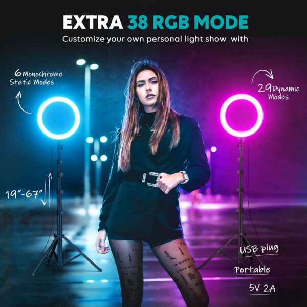 Weilisi 10" Selfie Ring Light with Tripod Stand, 72'' Tall & Phone Holder, 38 Color Modes, Stepless Dimmable/Speed LED Ring Light for iPhone & Android,YouTube, Makeup,TIK Tok - Image 5