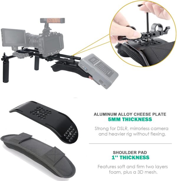 NICEYRIG 15mm Shoulder Pad Support System for DSLR Camera Cinema Camcorder, Shoulder Mount Rig with Base Plate, Aluminum Alloy 16'' 15mm Rod, Handle Set - 435 - Image 2