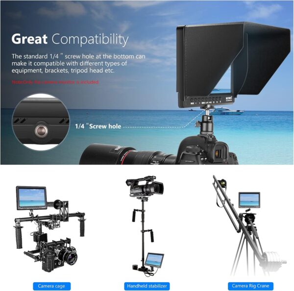 Neewer F100 7inch Camera Field Monitor HD Video Assist IPS 1280x800 HDMI Input 1080p with Sunshade and Ball Head for DSLR Cameras, Handheld Stabilizer, Film Video Making Rig (Battery Not Included) - Image 7
