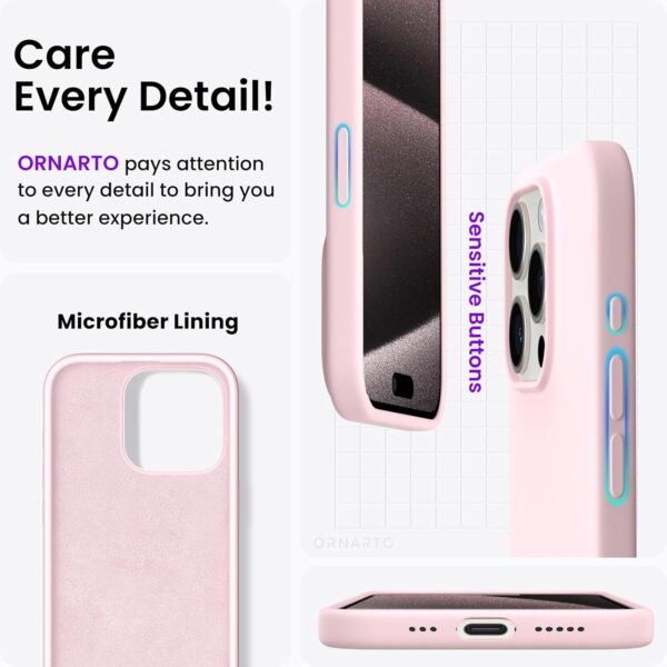 ORNARTO Compatible with iPhone 15 Pro Case 6.1", Liquid Silicone 3 Layers Full Covered Soft Gel Rubber Cover, Shockproof Protective Slim Phone Case with Anti-Scratch Microfiber Lining-Chalk Pink - Image 5