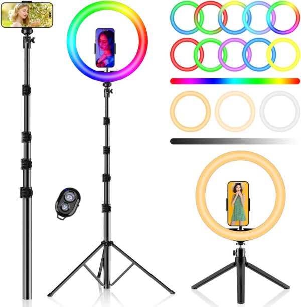 Illuminate Your Moments: The 12" PEYOU Selfie Ring Light with 73" Tripod – 38 Color Modes and 3-in-1 Dimmable Magic for Makeup, TikTok, and YouTube!