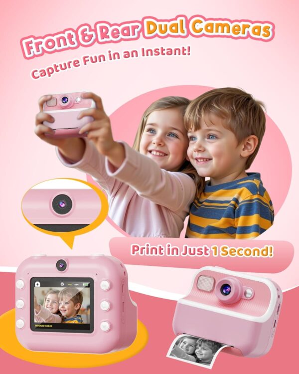 Instant Camera, Front Rear Dual Selfie Kids Camera with 1080P Videos, Holiday Birthday Gifts for Kids Age 3-12, Toddler Portable Travel Print Digital Camera Toy for 4 5 6 7 8 9 Year Boys Girls - Image 3