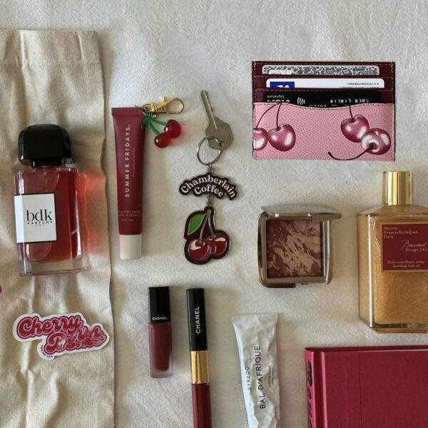 Slim Card Case for Women Leather Credit Card Holder With Cherry Print (Red) - Image 4