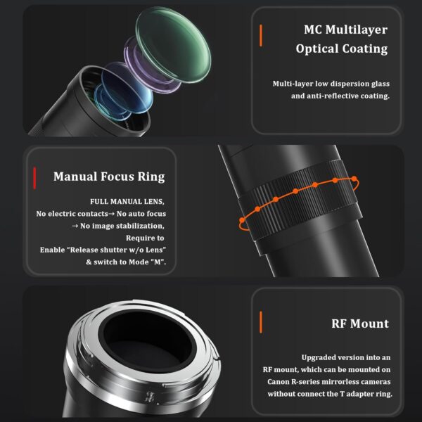 Telephoto Lens for Canon - RF Lens 420-800mm Manual Focus MF Zoom Lens for Canon EOS R, Ra, RP, R3, R5, R5 C, R6, R6 Mark II, R7, R8, R10, R50, R100 Mirrorless - Image 6