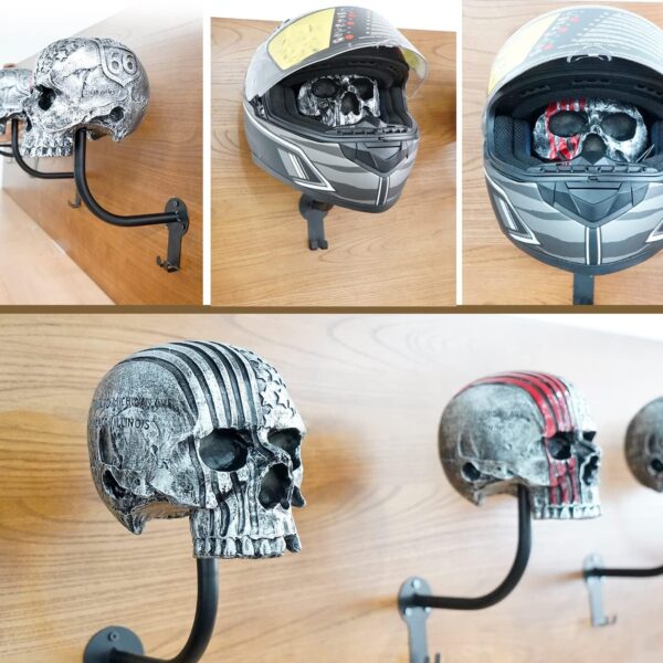 Helmet Holder,Skull Helmet Holder Wall Mount Helmet Rack with 2 Hooks Helmet Hanger for Coats,Caps,Baseballs,Rugby Helmet,Motorcycle Accessories - Image 3