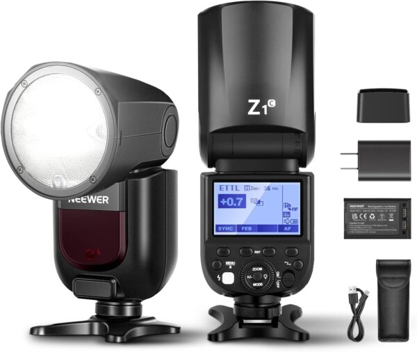 NEEWER Z1-C TTL Round Head Flash Speedlite for Canon DSLR Cameras, 76Ws 2.4G 1/8000s HSS Speedlight, 10 Levels LED Modeling Lamp, 2600mAh Lithium Battery, 480 Full Power Shots, Recycle in 1.5s Flash