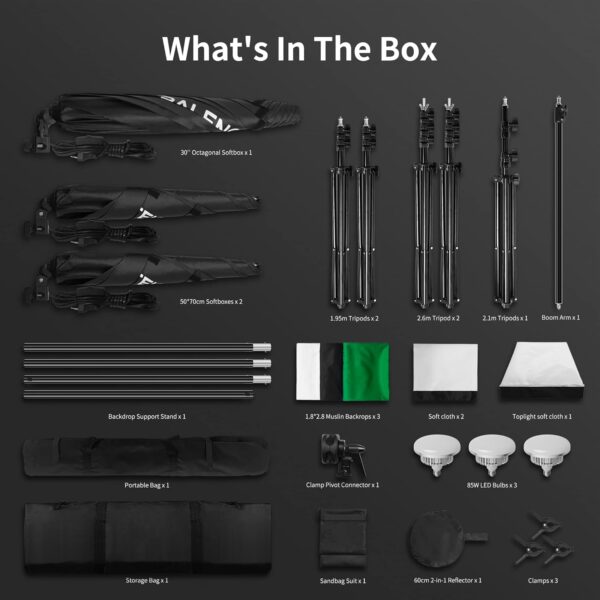 RALENO Photography Lighting Kit, 8.5ft x 10ft Background Support System with 30-Inch Octagonal Key Light and 2 X 85W LED Soft Boxes, Complete Photography Studio for Green Screen Cutout - Image 7
