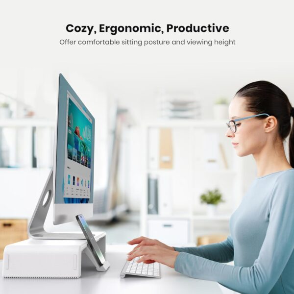 Elevate Your Workspace: Klearlook's Foldable, Height-Adjustable Monitor Stand with Storage and Device Holder in White - Image 6