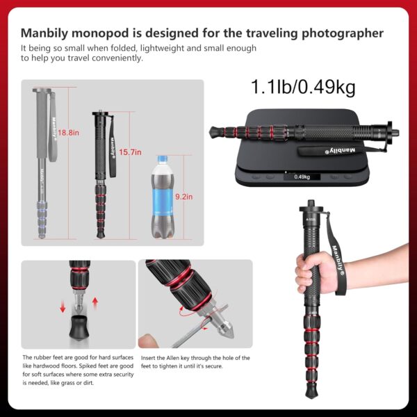 Manbily Camera Monopod Aluminum Portable Compact Lightweight Travel Monopod with Carrying Bag Walking Stick Handle,for DSLR Canon Nikon Sony Video Camcorder,6 Sections up to 61-in (A-555L) - Image 3