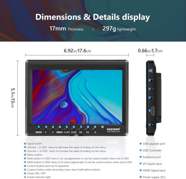 Neewer F100 7inch Camera Field Monitor HD Video Assist IPS 1280x800 HDMI Input 1080p with Sunshade and Ball Head for DSLR Cameras, Handheld Stabilizer, Film Video Making Rig (Battery Not Included) - Image 2
