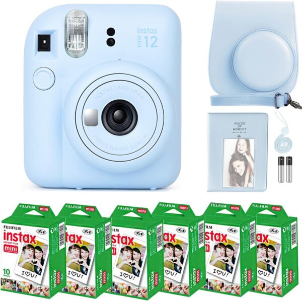 Fujifilm Instax Mini 12 Camera with Fujifilm Instant Mini Film (60 Sheets) Bundle with Deals Number One Accessories Including Carrying Case, Photo Album, Stickers (Pastel Blue)
