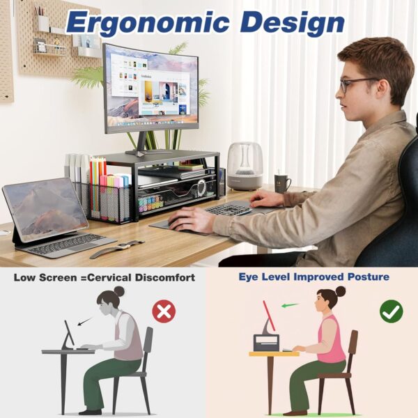 Desk Organizer and Accessories, 2-Tier Computer Monitor Stand with Drawer and 2 Pen Holders, Office Desk Accessories for Office Supplies, Black - Image 2