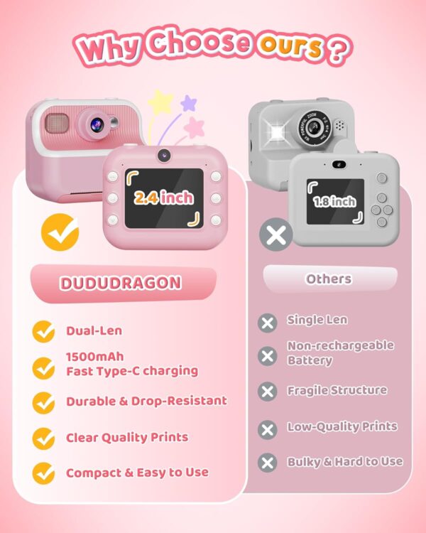 Instant Camera, Front Rear Dual Selfie Kids Camera with 1080P Videos, Holiday Birthday Gifts for Kids Age 3-12, Toddler Portable Travel Print Digital Camera Toy for 4 5 6 7 8 9 Year Boys Girls - Image 6