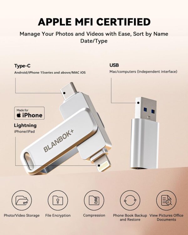 MFi Certified 128GB Flash Drive for iPhone Photo Stick, USB Thumb Drive Memory Stick High Speed USB Drive Photo Storage for iPhone Flash Drive Compatible for iPhone/iPad/Android/PC - Image 2