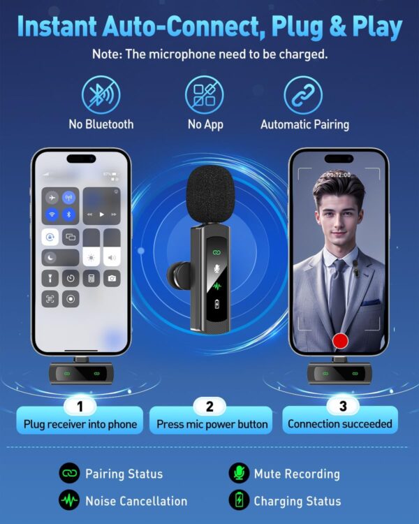 USB C Wireless Lavalier Microphone for iPhone 15 16, Mini LED Display Microphone for Android with Noise Reduction, Lapel Magnetic Clip-on Mic for Recording Content Creator Vlog Tiktok YouTube - Image 3