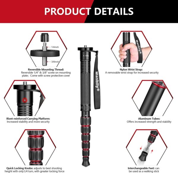 Manbily Camera Monopod Aluminum Portable Compact Lightweight Travel Monopod with Carrying Bag Walking Stick Handle,for DSLR Canon Nikon Sony Video Camcorder,6 Sections up to 61-in (A-555L) - Image 4