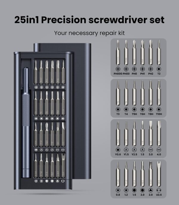 AXTH 25-in-1 Small Precision Screwdriver Set, Professional Magnetic Mini Repair Tool Kit for Phone, Computer, Watch, Laptop, Macbook, Ring Doorbell, Eyeglass, Electronic, [Bearing Steel] Screw Driver - Image 3