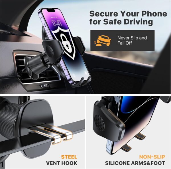 Miracase Phone Holders for Your Car with Metal Hook Clip, Air Vent Cell Phone Stand Car Mount, Universal Automobile Cradle Fit for iPhone Android and All Smartphones, Dark Black - Image 3