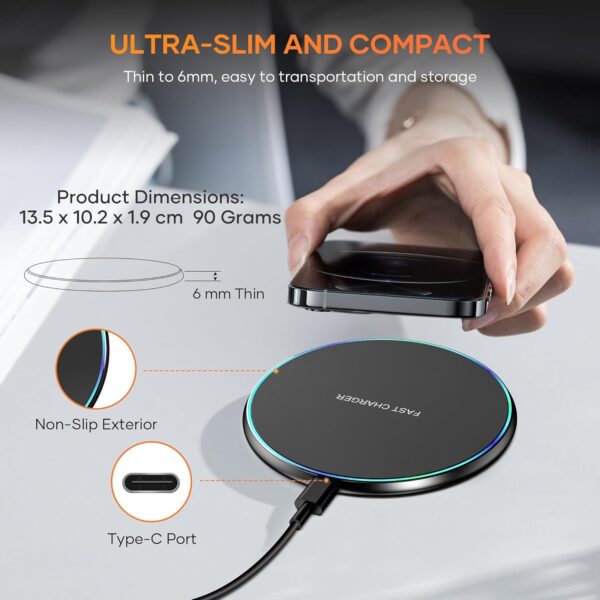 Wireless Charger Compatible with iPhone 16 15 14 13 12 11 Pro Max/Mini/Plus/XR/X/8, 15W Max Fast Wireless Charging Pad Mat for Samsung Galaxy S23/S22/S21/S20/S10, Galaxy Buds - Image 3