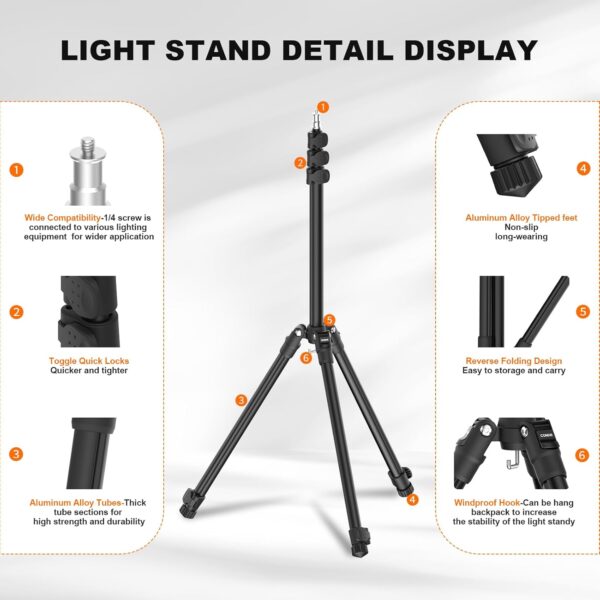 COMAN Extendable 6.23ft Light Stand, Adjustable Aluminum Tripod with 1/4" Screw - Portable, Reverse Folding Studio Lighting Stand for Strobe, Camera, Flash - Image 4