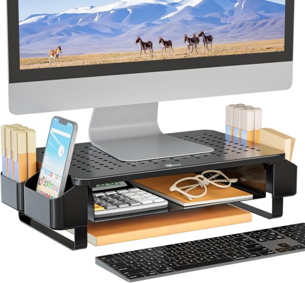 WALI Monitor Stand with Storage, Monitor Riser with Ventilation Drawer and Side Storage, Laptop Stand Riser for Desk, Printer Stands, (STT007), Black